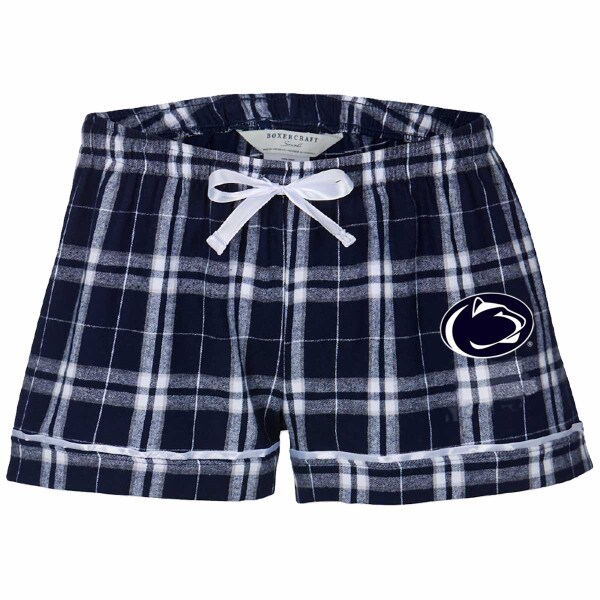 women's navy plaid flannel shorts with Penn State Athletic Logo on left thigh